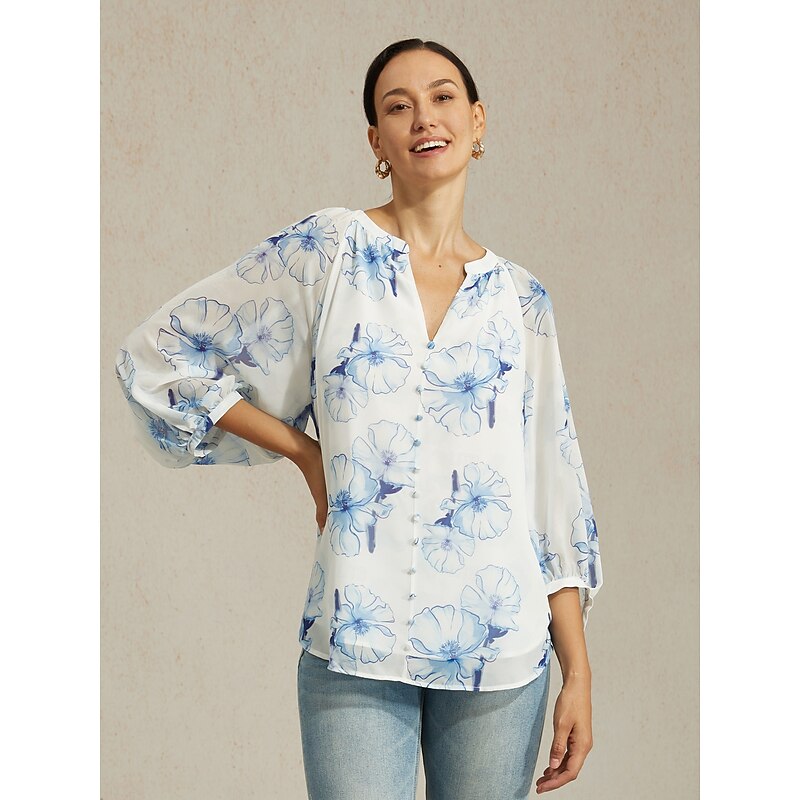 Women's Chiffon Blouse Ink Floral Print Elegant Casual Office Spring Summer Fall