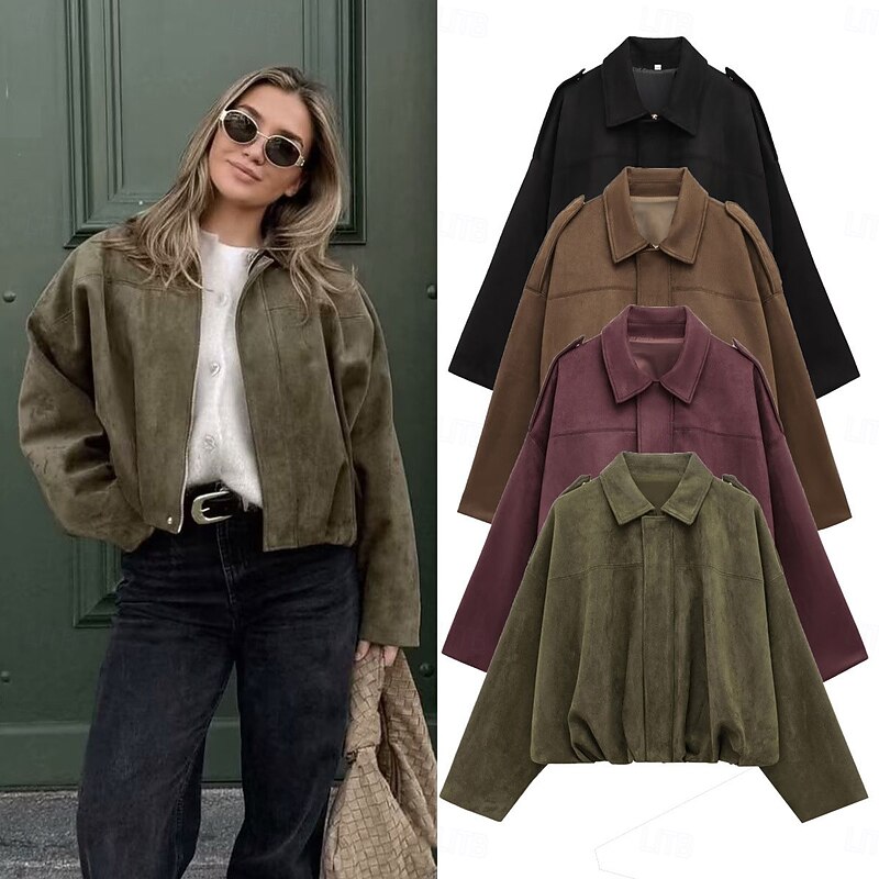 Women's Casual Jacket Comfortable Breathable Zipper Casual Plain Vacation Street Casual Daily Wear Zipper Short Turndown Loose Fit Long Sleeve Outerwear Black Red Brown Spring Fall