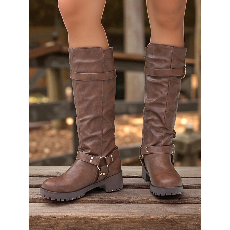 Women's Brown Knee High Buckle Strap Boots – Faux Leather Western Riding Boots with Low Block Heels for Fall Fashion and Outdoor Wear3