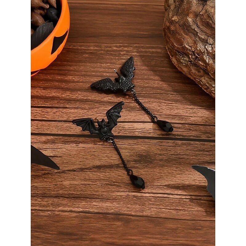 Women's Halloween Bat Drop Earrings – Gothic Black Dangle Jewelry with Chain and Crystal for Party, Cosplay and Night Out3