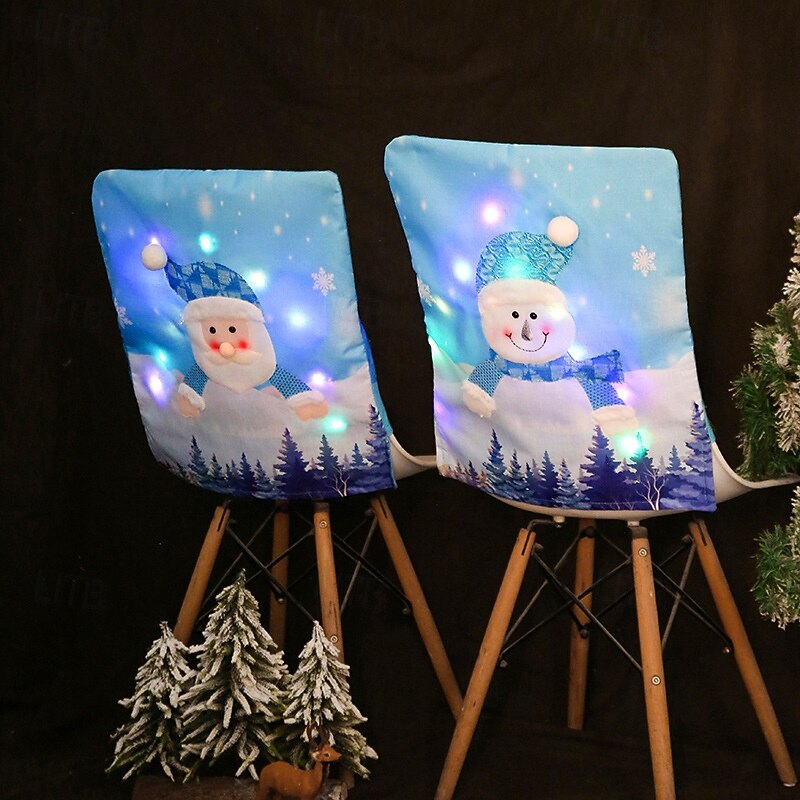 2025 New Christmas Chair Covers, Blue Santa & Snowman Decorative Seat Covers with Lights, Premium Holiday Stool Decor