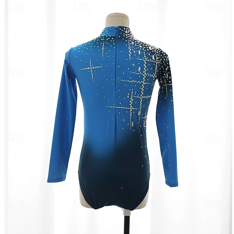Figure Skating Top Men's Boys' Ice Skating Tops Blue Patchwork Spandex High Elasticity Training Competition Skating Wear Classic Crystal / Rhinestone Long Sleeve Ice Skating Figure Skating3