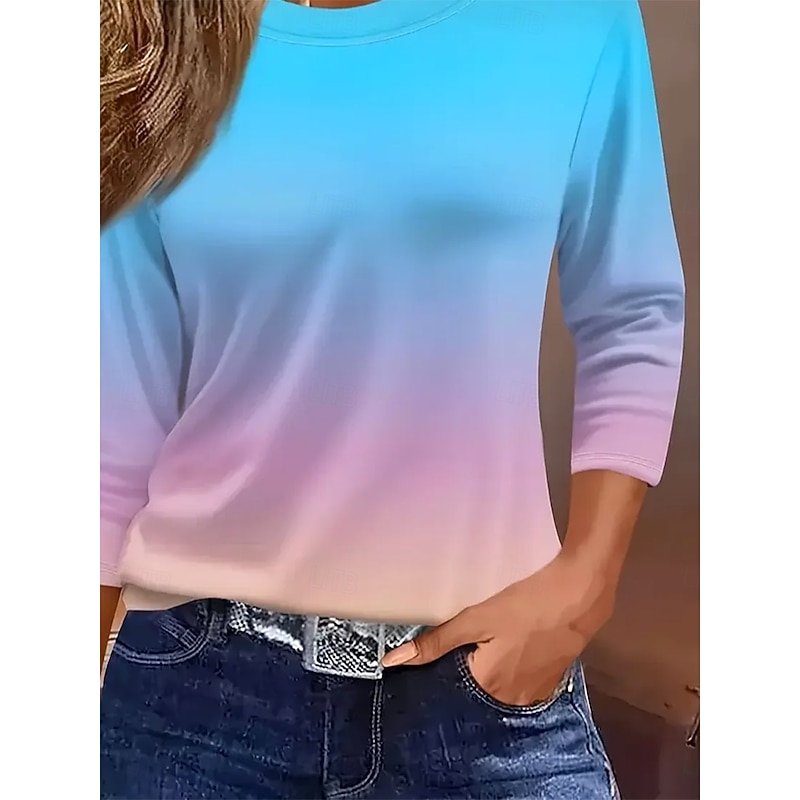 Women's T Shirt Ombre Graphic Gradient Vintage Stylish Classic Long Sleeve Crew Neck Round Neck Regular Tops Daily Print Blue Spring Fall Winter3