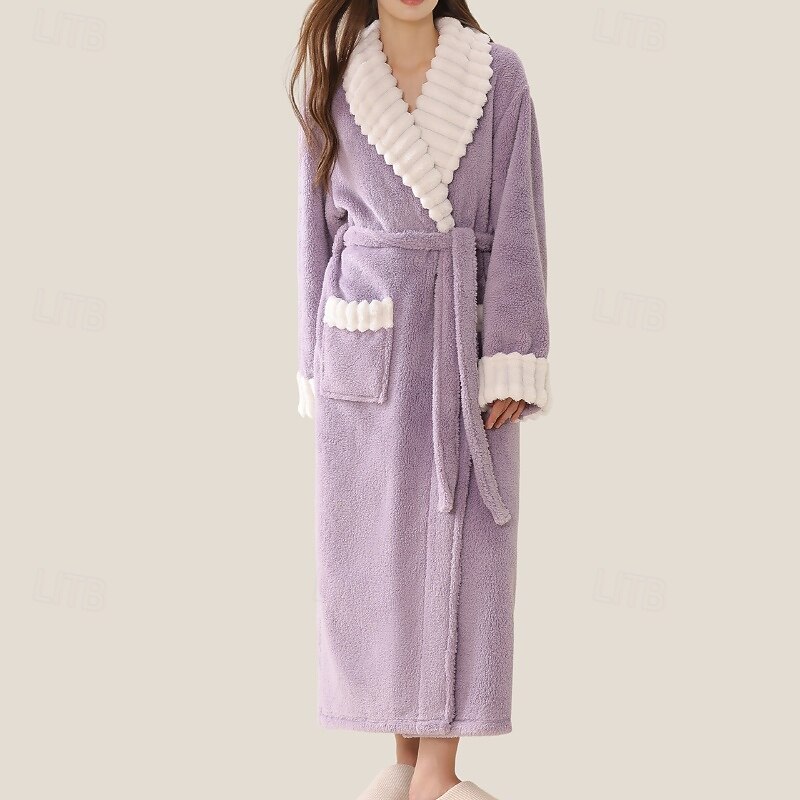 Women's Pajamas Robe Fashion Patchwork Embroidered Pocket Vacation Home Bed Long Sleeve Lapel Purple Brown Green Gray Fall Winter Tailored Fit2
