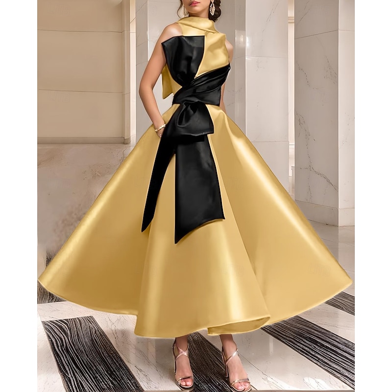 Gold Black A-Line Cocktail Dresses Elegant Dress Formal Wedding Ankle Length Sleeveless Crew Neck Pocket Satin with Bow(s) Beading