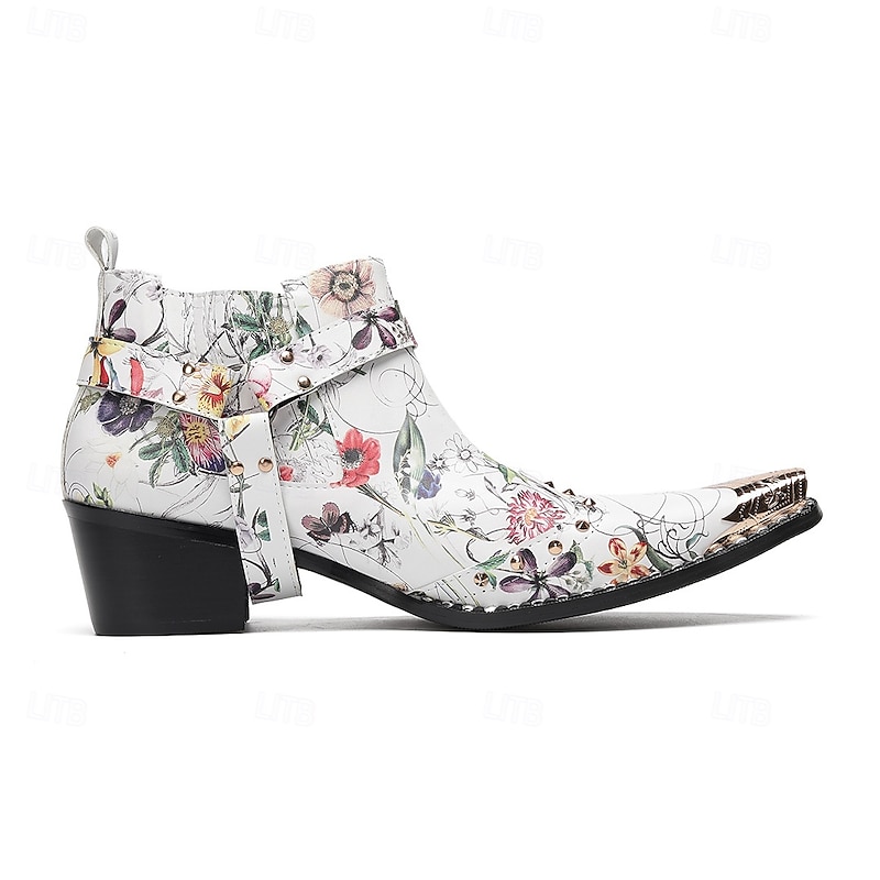 Men's Floral Print Leather Ankle Boots with Pointed Toe and Metal Buckle – Vintage Western Style Harley Motorcycle Boots for Fashion Shows, Concerts and Nightlife4