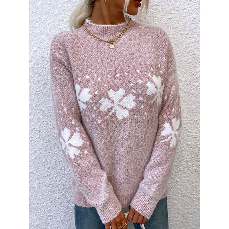 Women's Sweater Casual Soft Snowflakes Ribbed Crew Neck Knitted Long Sleeve Regular Tops Knit Outdoor Daily Weekend Pink Dark Gray Fall Winter2
