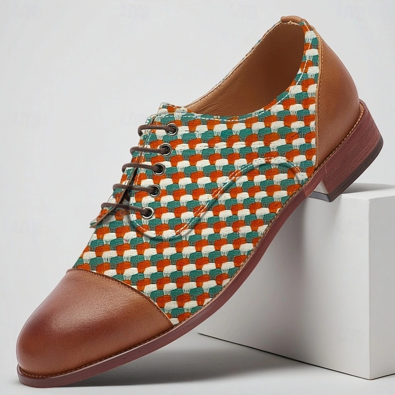 Men's Green and Orange Suede Knit Oxford Shoes – Unique Lace-Up Casual Dress Shoes for Festivals, Parties and Fashion Streetwear