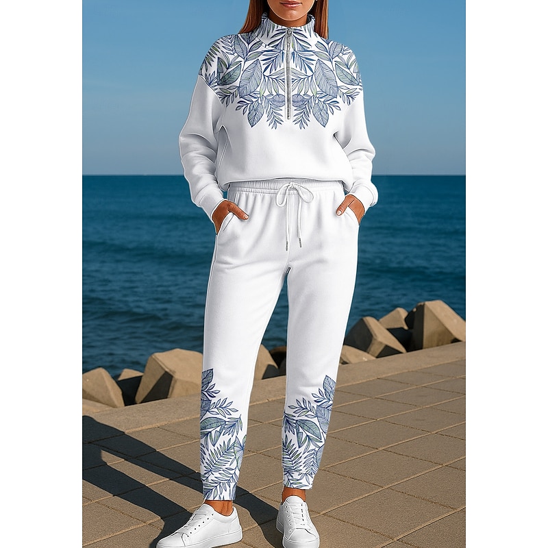 Women's Sweatshirt Tracksuit 2 Piece Tracksuit Full Zip Baggy Floral Clothing Suit Fall White Vocation Outdoor Travel Lightweight Fashion Long Sleeve Sport Activewear Micro-elastic Loose Fit