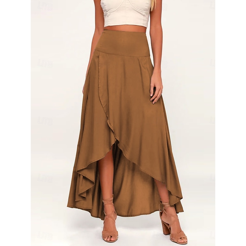 Women's Skirt A Line Fashion Casual Maxi High Waist Skirts Plain Ruffle Micro-elastic Street Daily Wine Black Pink Brown Spring Polyester