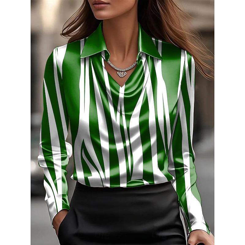 Women's Shirt Graphic Geometric Striped Elegant Stylish Casual Long Sleeve Cowl Neck Regular Tops Work Party Evening Wear Daily Ruched Draped Blue Purple Brown Green Summer Fall3