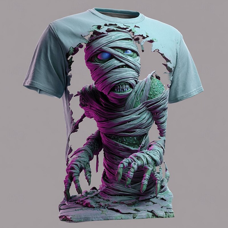Halloween Men's Optical Illusion Zombies Mummy T Shirt Short Sleeve T shirt 3D Print Crew Neck Shirt Exaggerated Designer Horror Party Street Holiday Blue Purple Green Summer Spring All Seasons3