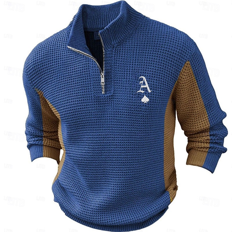 Men's Quotes & Sayings Pullover Sweater Jumper Zip Sweater Polo Sweater Zip Collar Casual School Vacation Daily Embroidered Zipper Knitting Long Sleeve Spring Fall Winter Sky Blue Brown Green