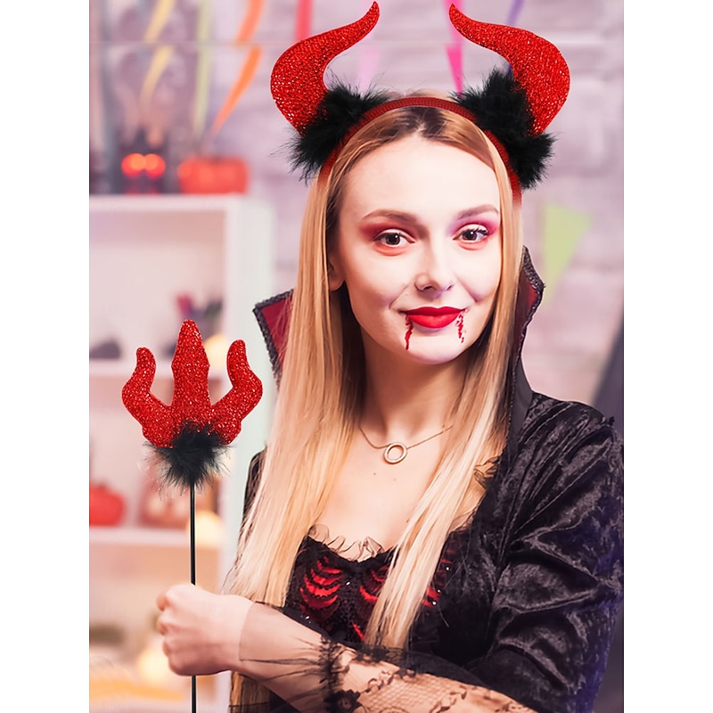 Women's Halloween Devil Headband with Red Horns and Matching Trident Wand - Sparkly Costume Accessory Set for Party, Cosplay, and Masquerade Events3