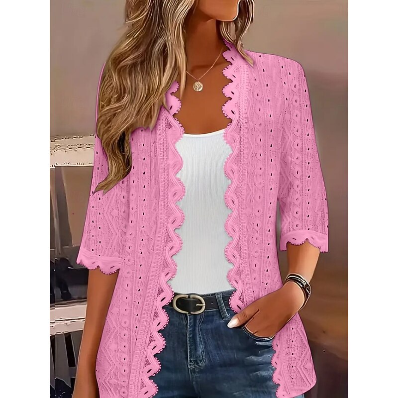 Women's Casual Jacket Comfortable Breathable Lace Casual Plain Vacation Street Daily Wear Going out Open Front Regular Collarless Regular Fit 3/4 Length Sleeve Outerwear Black White Pink Summer Spring