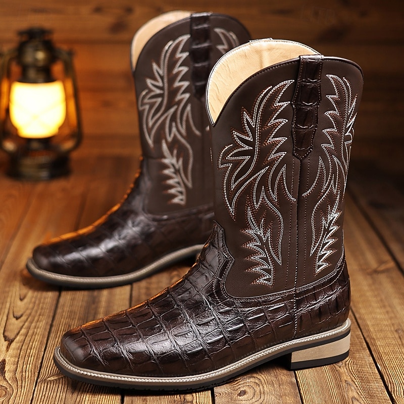 Men's Western Cowboy Boots – Classic Brown with Embroidered Design, Vintage Western Style Footwear for Country Events, Rodeos, and Casual Outings