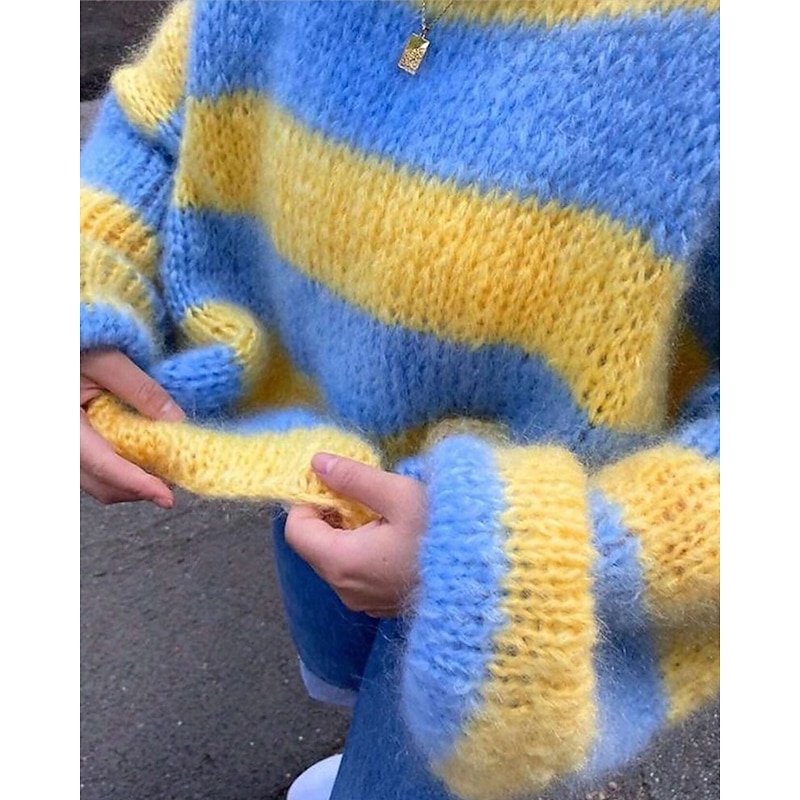 Women's Sweater Fashion Streetwear Casual Striped Ribbed Crew Neck Knitted Long Sleeve Regular Tops Knit Outdoor Daily Weekend Yellow Fall Winter3