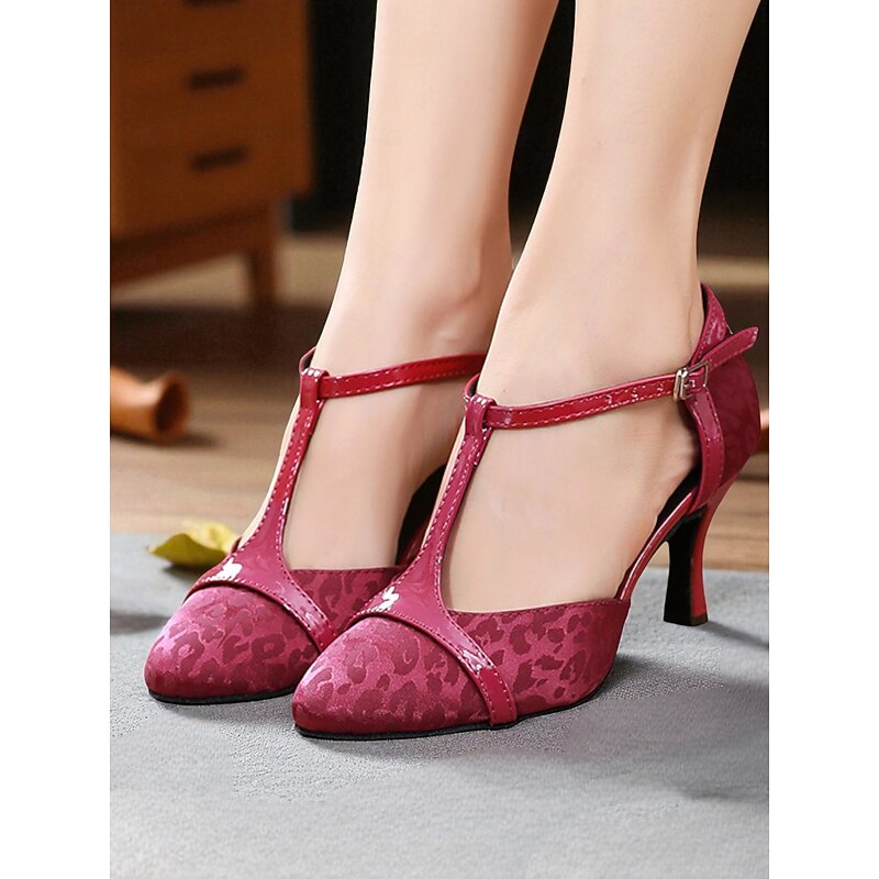 Women's Red T-Strap Dance Shoes with Leopard Print - Professional Ballroom Heels for Dance Practice and Party Events