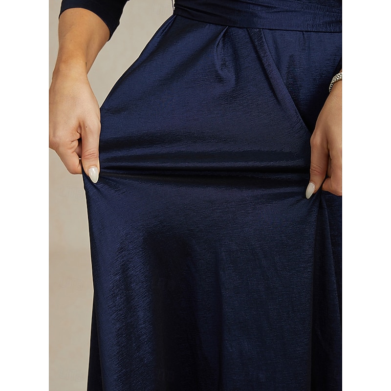 Women's Maxi long Dress Party Dress Elegant Vintage Regular Fit Solid Color 3/4 Length Sleeve V Neck Navy Blue Fall Winter3