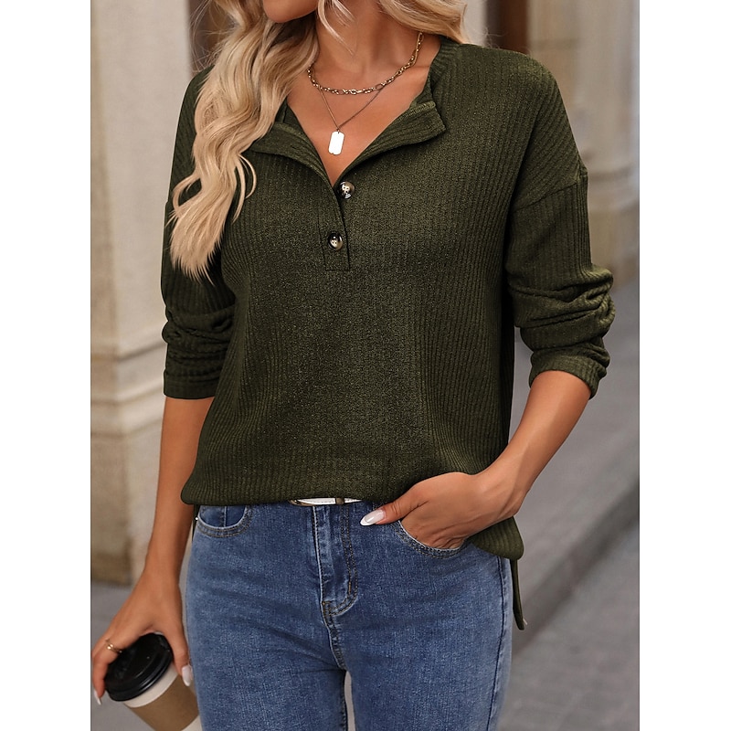 Women's Shirt Blouse Solid Color Stylish Casual Long Sleeve V Neck Regular Tops Daily Buttons Black Pink Army Green Orange Khaki Spring Fall3