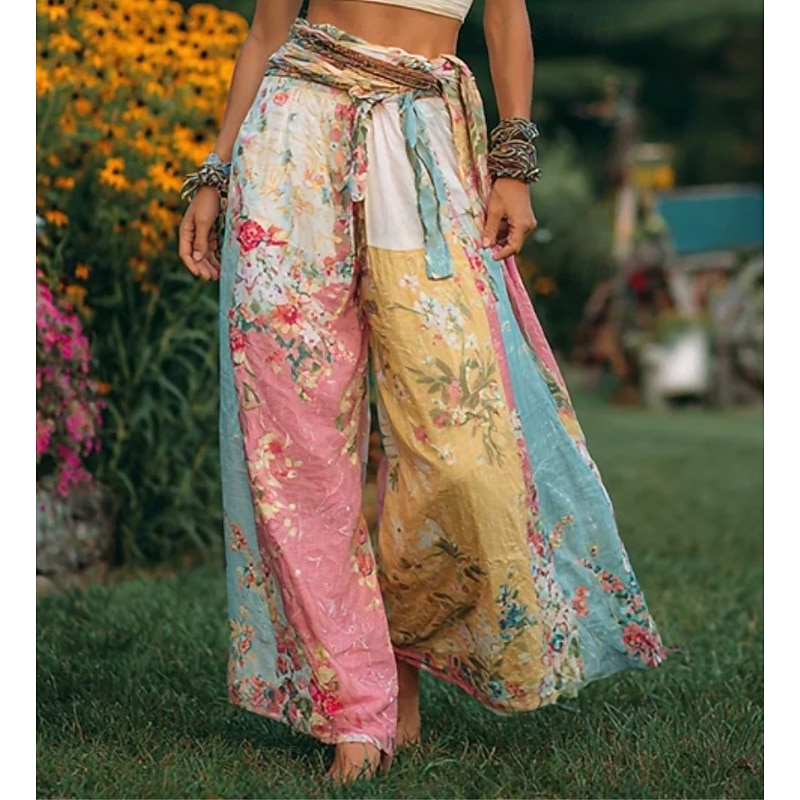 Women's 3D Print Wide Leg Chinos Baggy Pants Vacation Vintage Fashion Full Length High Waist Floral Graphic Drawstring Patchwork Print Soft Breathable Inelastic Vacation Street Light Pink Dark Pink3