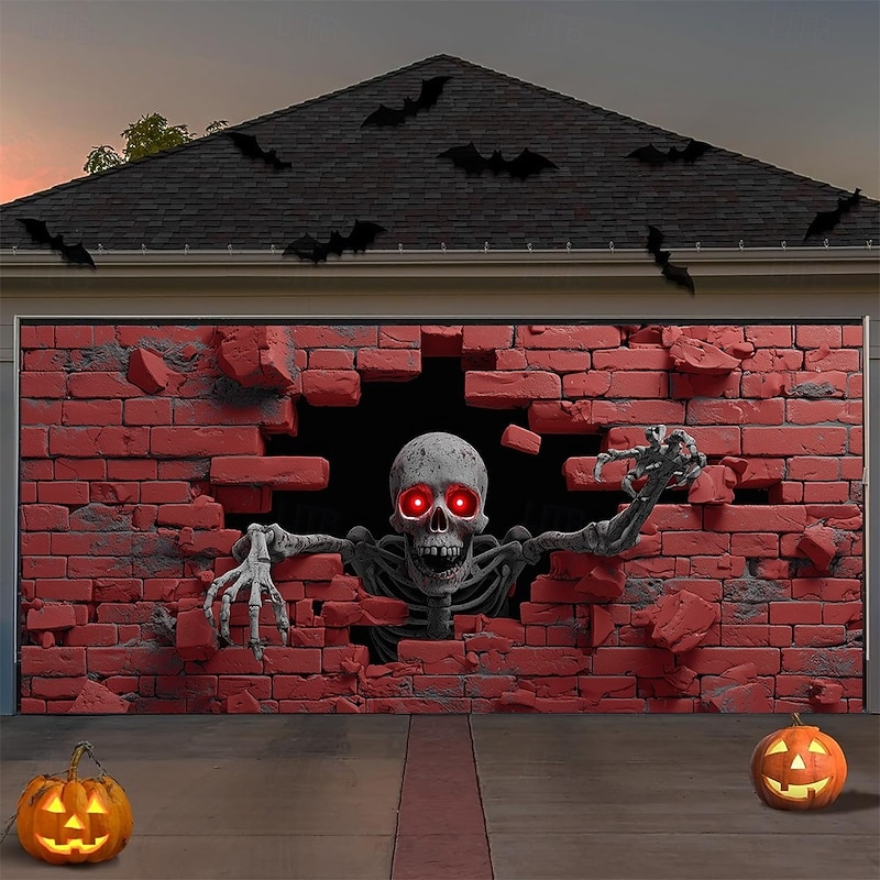 Halloween Garage Door Cover 3D Hole Effect Skeleton with Glowing Red Eyes Banner Haunted House Horror Scene Spooky Backdrop Tapestry for Outdoor Wall Fence Yard Halloween Party Decoration4