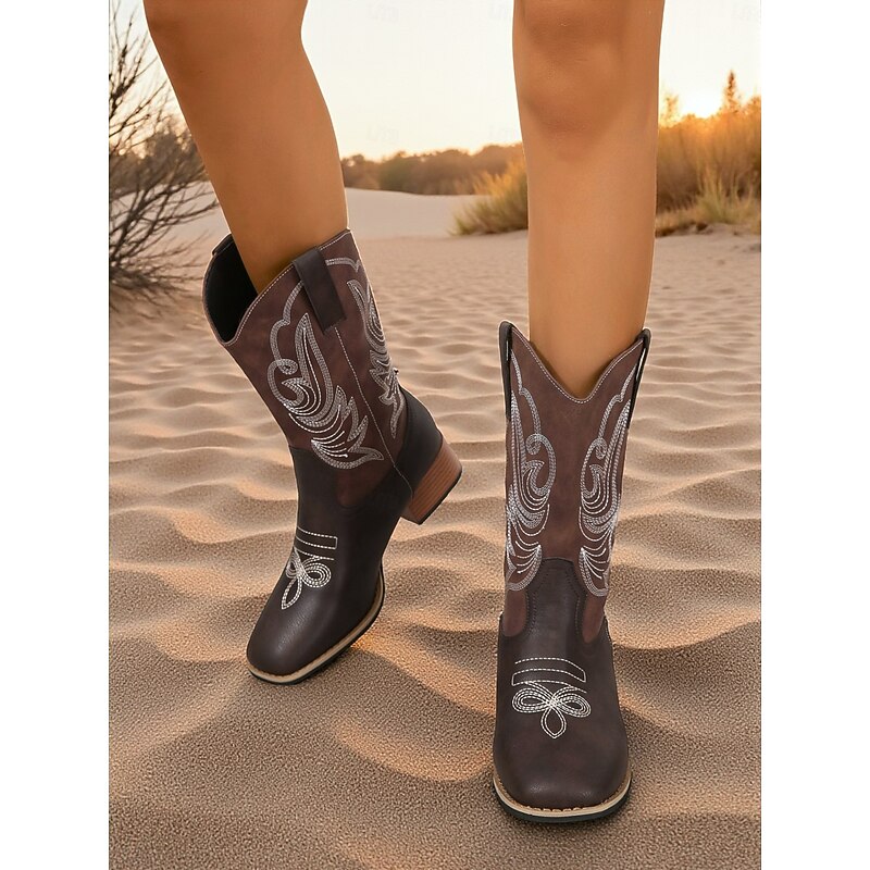 Women's Dark Brown Western Cowboy Boots – Embroidered Faux Leather Mid-Calf Boots with Block Heel for Country, Rodeo and Casual Wear3