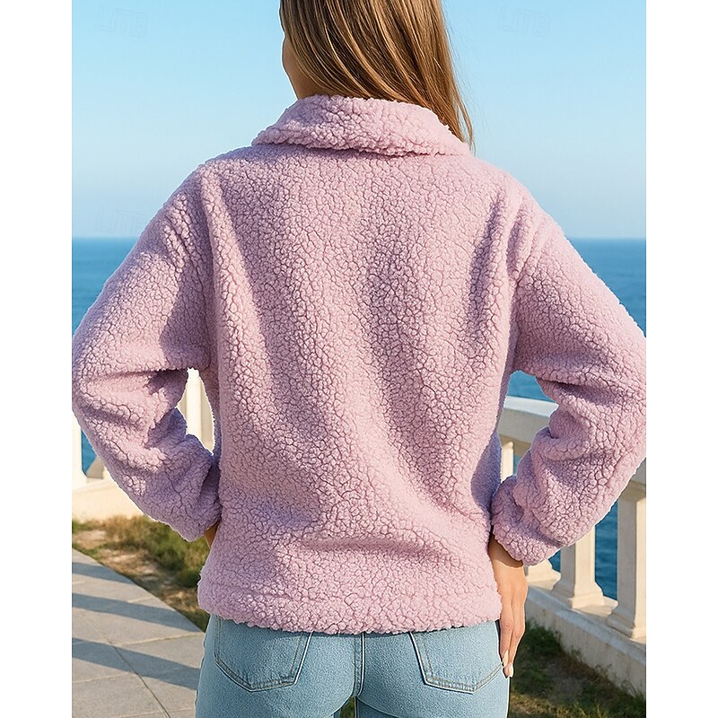 Women's Zip Up Sweatshirt Winter Coat Polar Fleece Jacket with Pockets Long Sleeve Top Athleisure Fall Solid Colored Windproof Warm Outdoor Travel Vacation Sportswear Activewear Black White Pink2