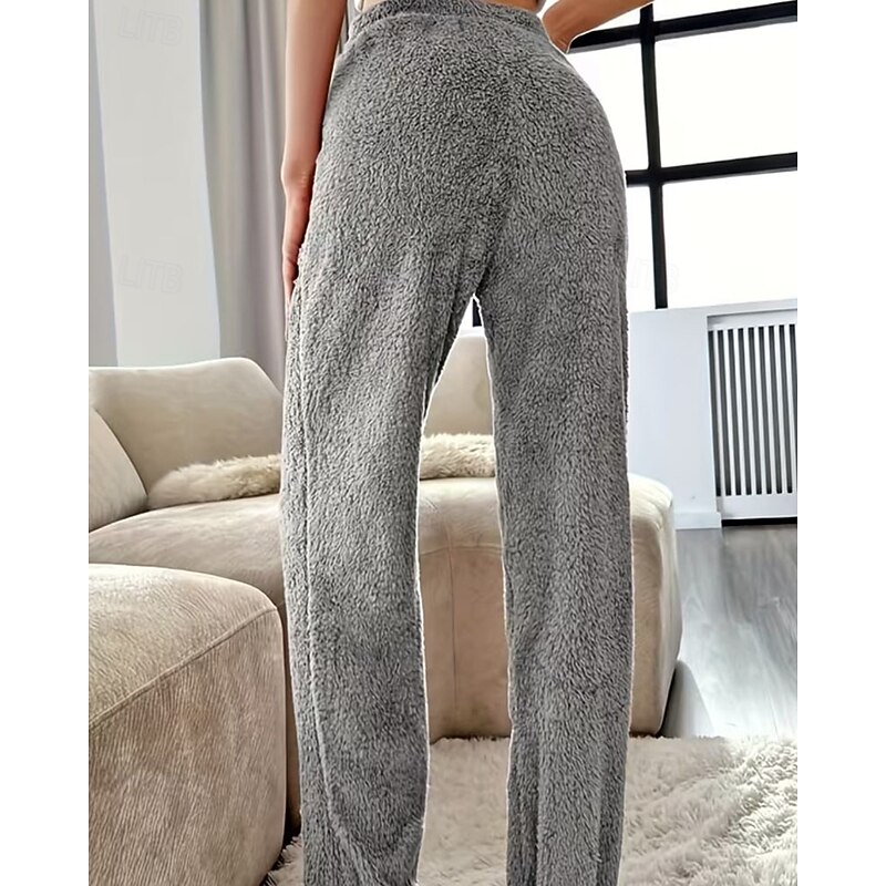 Women's Fleece Pants Pajamas Casual Full Length Medium Waist Plain Elastic Waist Thermal Warm Comfortable Micro-elastic Home Daily claret Light Gray Black Pale Pink Fall Winter Regular Fit3
