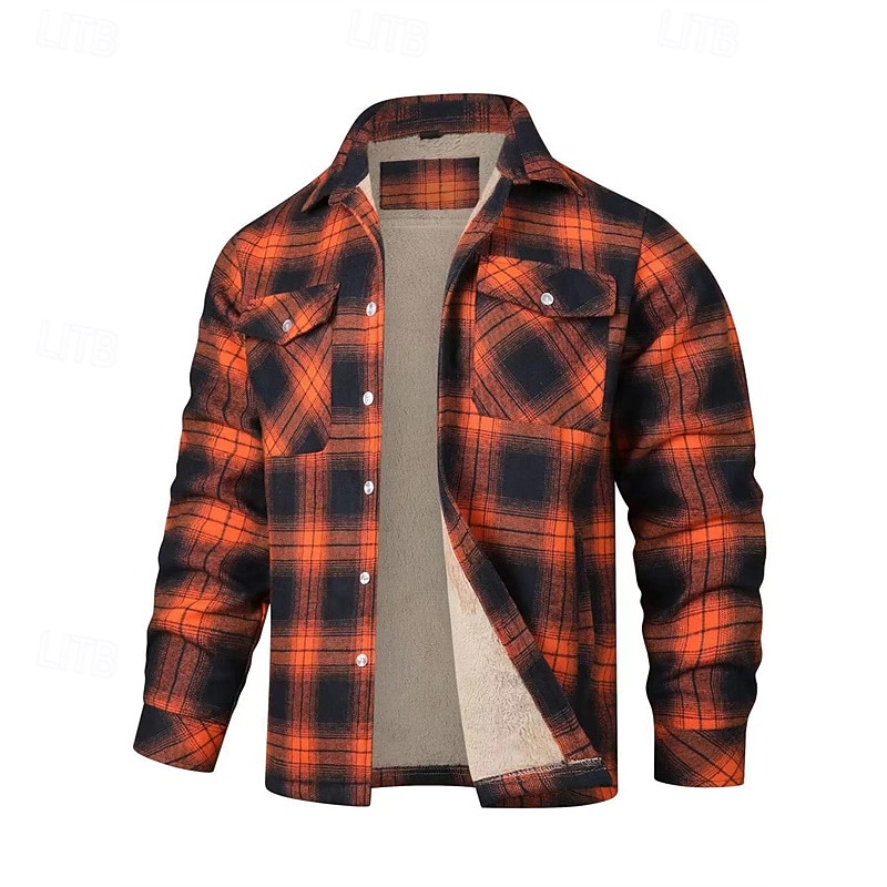 Men's Winter Jacket Shirt Jacket Fleece Jacket Casual Jacket Vacation Daily Thermal Warm Pocket Fleece Fall Winter Plaid Fashion Streetwear Lapel Regular Black Red Orange Green Jacket3