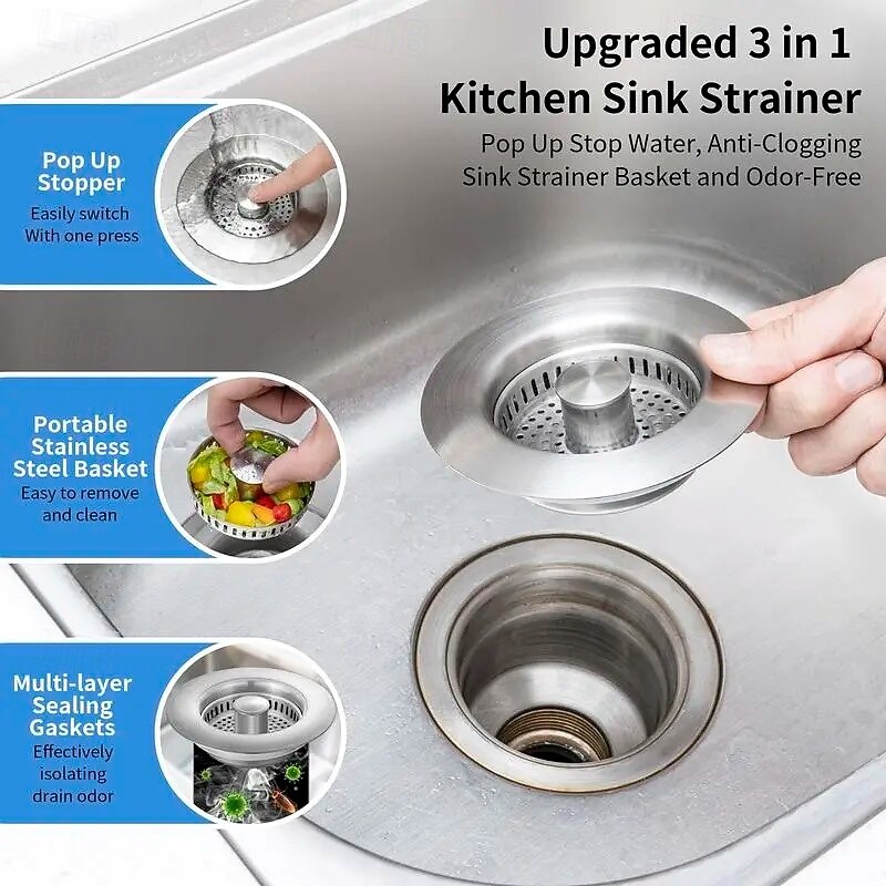 3-in-1 Stainless Steel Kitchen Sink Drain Strainer Anti-Clogging Food Catcher Basket & Odor Filter with Spring-Loaded Pop-Up Stopper US Standard 3.5" Fit Rust-Resistant Kitchen Sink Plug3