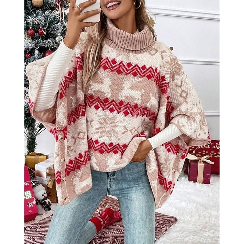 Women's Sweater Shrug Fair Isle Sweater Fashion Casual Snowflakes Ribbed Turtleneck Knitted Print Long Sleeve Regular Tops Knit Christmas Outdoor Daily Red Fall Winter3