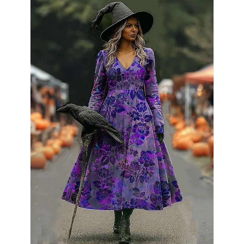 Halloween Women's Witch Print Maxi Dress A Line Dress Vacation Casual Boho Beach Regular Fit Floral Graphic Long Sleeve V Neck Red Blue Purple Orange Spring Fall