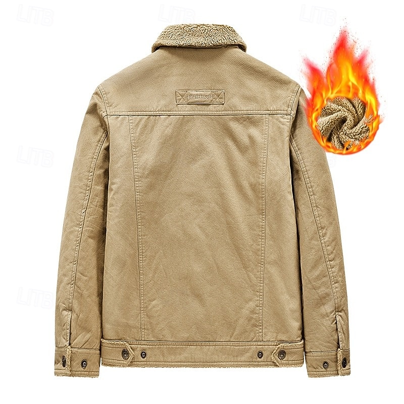 Men's Fleece Jacket Cargo Jacket Chore Jacket Formal Home Windbreaker Durable Pocket Fleece Collar Fall Winter Solid Color Active Vintage Collar Regular Navy Blue Khaki Army Green Jacket3