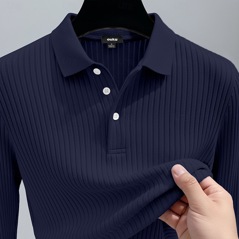 Men's Rib Knit Top Muscle Shirt Street Casual Lapel Long Sleeve Basic Modern Plain Buttons Spring Fall All Seasons Slim Fit White Navy Blue Blue Gray Rib Knit Top
