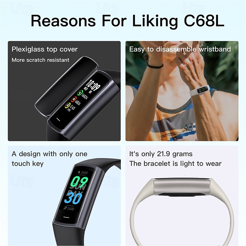 C68L Smart Watch 0.96 inch Smart Wristbands Fitness Band Stopwatch Pedometer Sleep Tracker Heart Rate Monitor Sedentary Reminder Compatible with IP 67 Touch Screen Heart Rate Monitor Sports