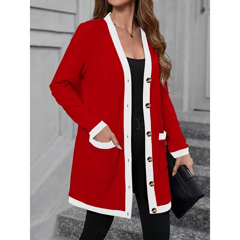 Women's Casual Jacket Comfortable Breathable Pocket Buttons Casual Plain Vacation Street Casual Daily Wear Single Breasted Long V Neck Regular Fit Long Sleeve Outerwear Black Wine Red Spring Fall