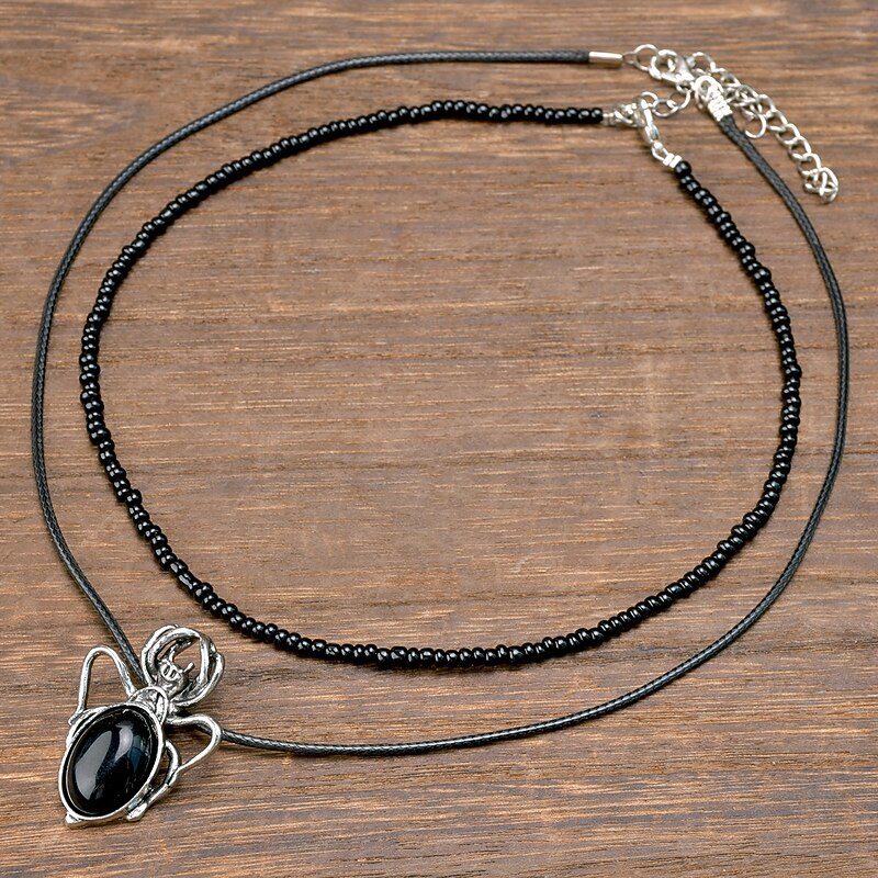 Women's Gothic Black Pendant Necklace - Double Layered Choker with Black Stone for Halloween Costume Party and Dark Fashion4