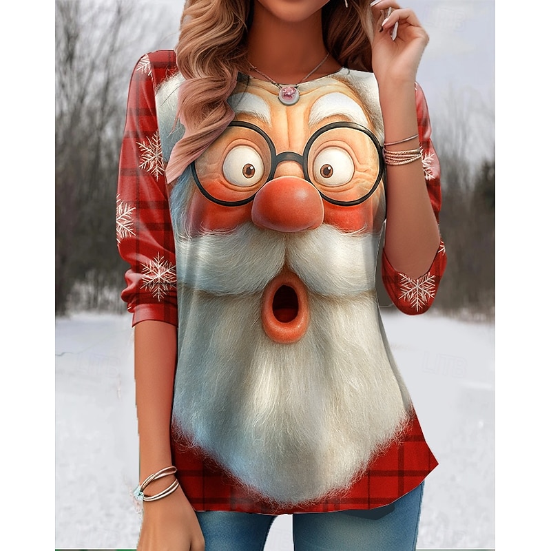 Christmas Women's T Shirt Graphic Reindeer Snowflake Vintage Stylish Classic Long Sleeve Crew Neck Regular Tops Weekend Print Wine Red Blue Dark Gray Gray Winter3