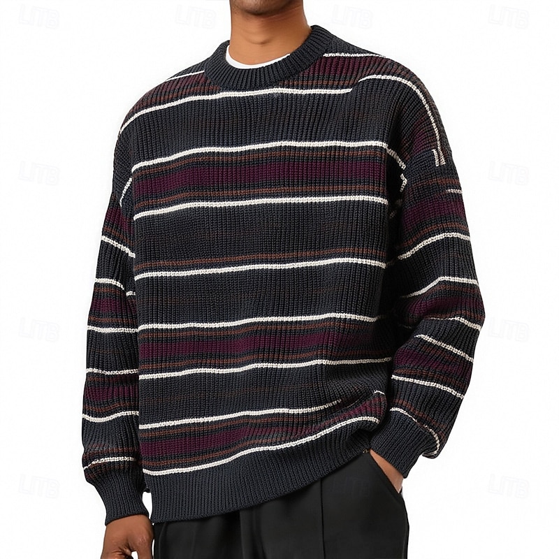 Men's Pullover Sweater Jumper Knit Sweater Ribbed Knit Regular Tops Knitted Stripe Crew Neck Fashion Basic Vacation Daily Wear Clothing Apparel Fall Winter Khaki Dark Gray M L XL3