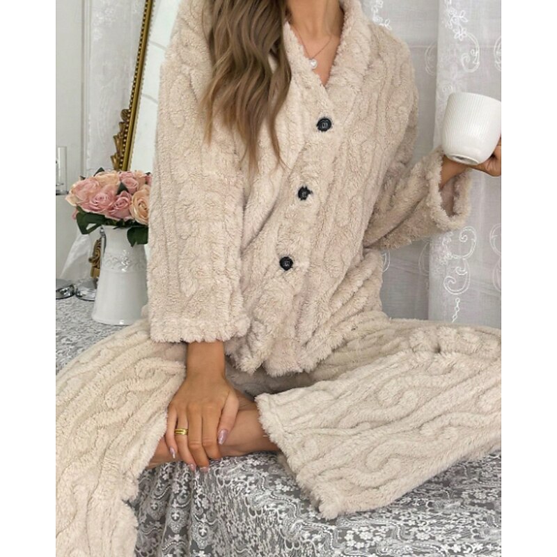 Women's Pajamas Pajama Set Casual Pure Color Elastic Waist Buttons Pant Vacation Home Bed Long Sleeve V Neck Khaki Fall Winter Loose Fit3