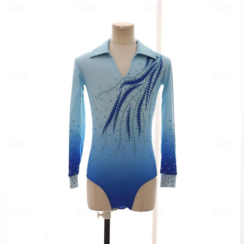 Figure Skating Top Men's Boys' Ice Skating Tops Sky Blue Patchwork Spandex High Elasticity Training Competition Skating Wear Classic Crystal / Rhinestone Long Sleeve Ice Skating Figure Skating