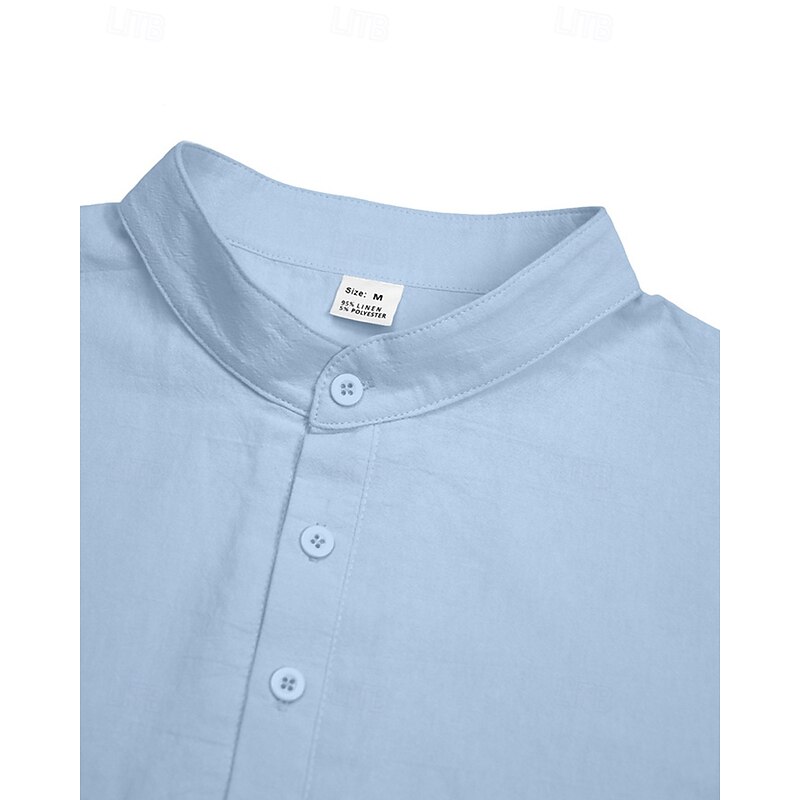 Men's Linen Shirt T-shirt Suits Shirt and Pant Sets 2 Pieces Outfits Long Sleeve Stand Collar Spring Fall Plain Fashion Casual 2 Piece Vacation Daily Wear Going out Black+ Khaki Black Navy Blue Top4