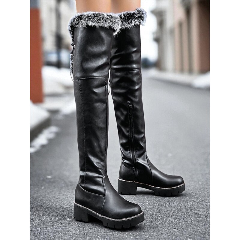 Women's Over the Knee Boots – Faux Leather Chunky Heel Platform Winter Shoes with Fur Trim for Streetwear and Parties3