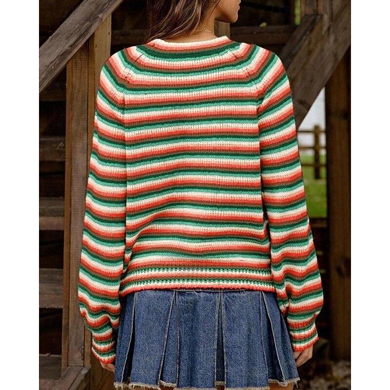 Women's Sweater Pullover Fashion Casual Striped Ribbed Crew Neck Knitted Long Sleeve Regular Tops Knit Outdoor Daily Weekend Green Fall Winter2