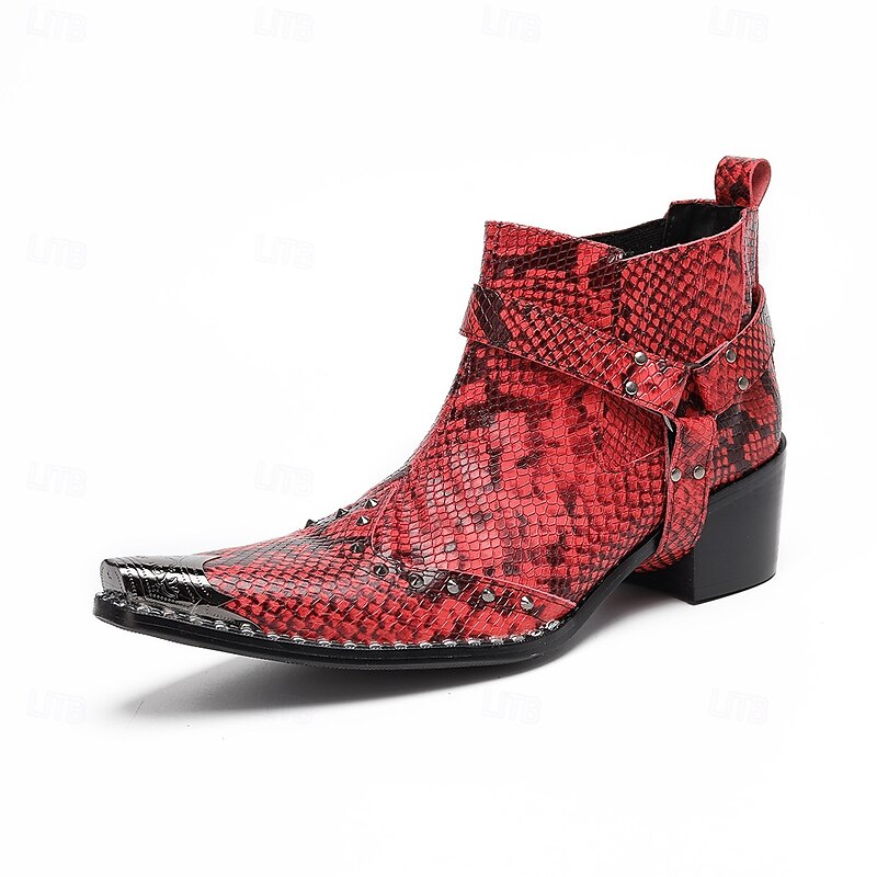 Men's Red Snake Print Leather Ankle Boots with Metal Toe and Buckled Strap – Rock Punk Western Cowboy Boots for Riders, Biker Style and Party Wear3