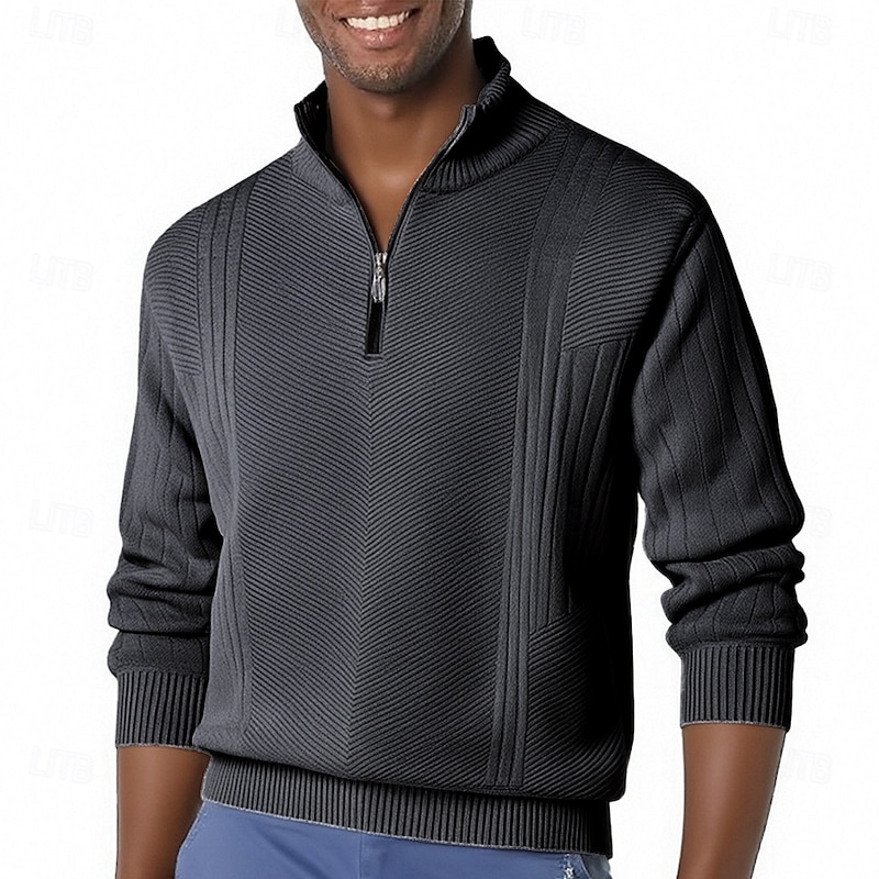 Men's Pullover Sweater Jumper Quarter Zip Sweaters Knit Sweater Ribbed Knit Regular Tops Knitted Fleece Plain Half Zip Fashion Casual Vacation Daily Wear Clothing Apparel Fall Winter Black Navy Blue3