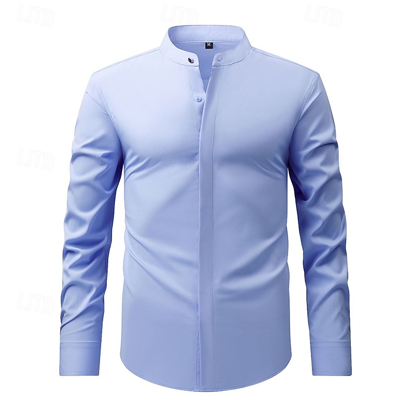 Men's Shirt Dress Shirt Non Iron Shirt Band Collar Shirt Plain Business Daily Black White Yellow Wine Long Sleeve Mandarin Collar Summer Spring Clothing Apparel