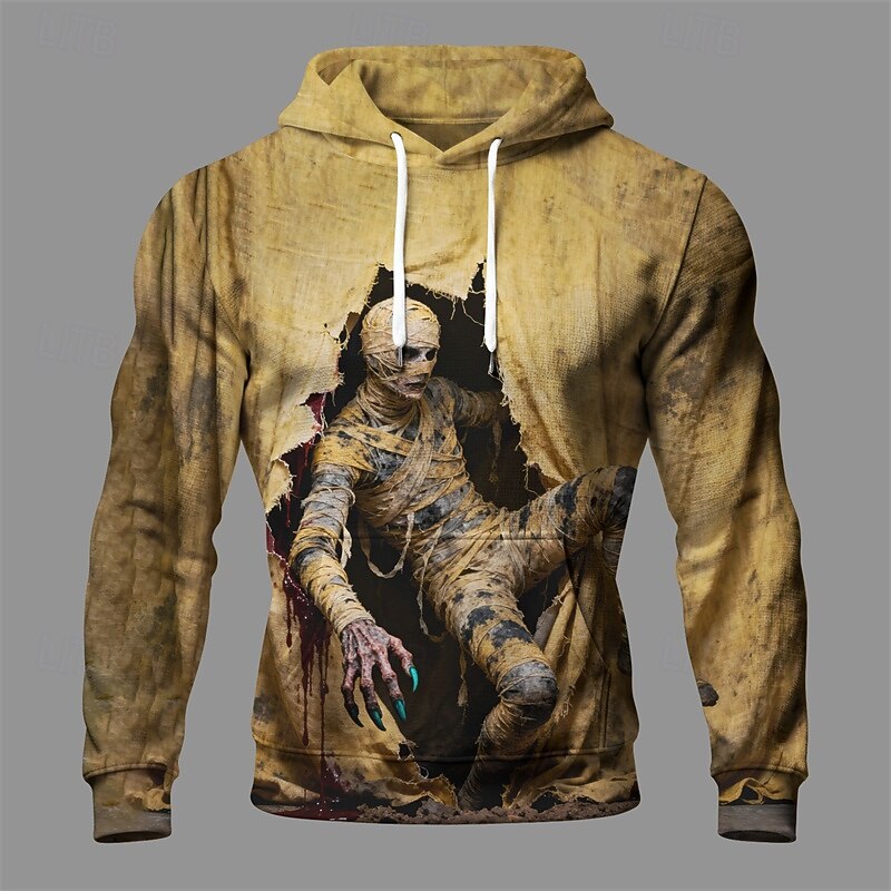 Halloween Men's Monster Hoodie Fashion Daily Hooded Vacation Party Streetwear Khaki Drawstring Pocket Printing Fall Winter Designer