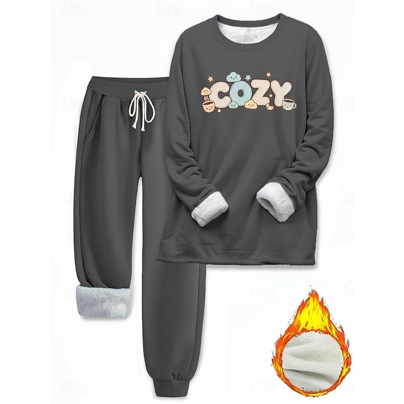 Women's Elegant Warm Fashion Two Piece Sets Tracksuit Pants Sets Long Sleeve Crew Neck Letter Print Outdoor Vacation Daily Black Pink Dark Pink Spring Regular Fit3